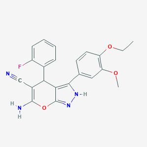 molecular formula C22H19FN4O3 B395220 6-Amino-3-(4-ethoxy-3-methoxyphenyl)-4-(2-fluorophenyl)-1,4-dihydropyrano[2,3-c]pyrazole-5-carbonitrile 
