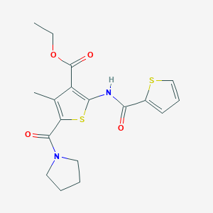 molecular formula C18H20N2O4S2 B395224 Ethyl 4-methyl-5-(pyrrolidinylcarbonyl)-2-(2-thienylcarbonylamino)thiophene-3-carboxylate 