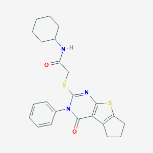 molecular formula C23H25N3O2S2 B395227 N-cyclohexyl-2-[(4-oxo-3-phenyl-3,5,6,7-tetrahydro-4H-cyclopenta[4,5]thieno[2,3-d]pyrimidin-2-yl)sulfanyl]acetamide 