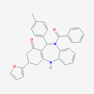 molecular formula C31H26N2O3 B395231 10-benzoyl-3-(2-furyl)-11-(4-methylphenyl)-2,3,4,5,10,11-hexahydro-1H-dibenzo[b,e][1,4]diazepin-1-one 