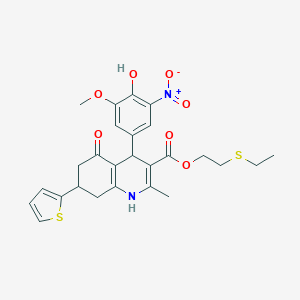 molecular formula C26H28N2O7S2 B395233 2-(Ethylsulfanyl)ethyl 4-(4-hydroxy-3-methoxy-5-nitrophenyl)-2-methyl-5-oxo-7-(thiophen-2-yl)-1,4,5,6,7,8-hexahydroquinoline-3-carboxylate 