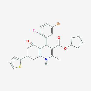 molecular formula C26H25BrFNO3S B395267 Cyclopentyl 4-(5-bromo-2-fluorophenyl)-2-methyl-5-oxo-7-(2-thienyl)-1,4,5,6,7,8-hexahydro-3-quinolinecarboxylate 