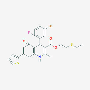 molecular formula C25H25BrFNO3S2 B395268 2-(Ethylsulfanyl)ethyl 4-(5-bromo-2-fluorophenyl)-2-methyl-5-oxo-7-(thiophen-2-yl)-1,4,5,6,7,8-hexahydroquinoline-3-carboxylate 