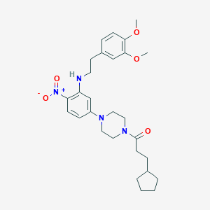 molecular formula C28H38N4O5 B395345 1-(3-Cyclopentylpropanoyl)-4-{3-{[2-(3,4-dimethoxyphenyl)ethyl]amino}-4-nitrophenyl}piperazine 