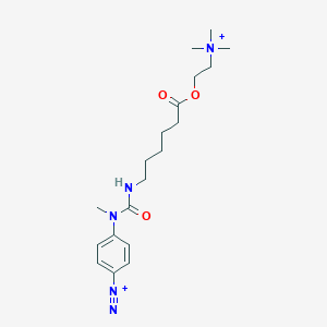 molecular formula C19H31N5O3+2 B039536 (N'-Methyl,N'-4-diazonium phenyl)(N-6-hexanoic acid, 2-(trimethylammonium)ethyl ester)urea CAS No. 123252-20-0