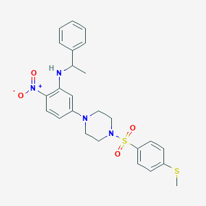 molecular formula C25H28N4O4S2 B395393 1-{4-Nitro-3-[(1-phenylethyl)amino]phenyl}-4-{[4-(methylsulfanyl)phenyl]sulfonyl}piperazine 