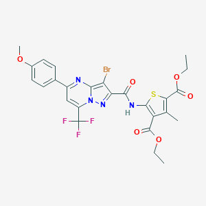 molecular formula C26H22BrF3N4O6S B395419 Diethyl 5-({[3-bromo-5-(4-methoxyphenyl)-7-(trifluoromethyl)pyrazolo[1,5-a]pyrimidin-2-yl]carbonyl}amino)-3-methyl-2,4-thiophenedicarboxylate 