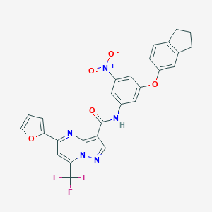molecular formula C27H18F3N5O5 B395447 N-[3-(2,3-dihydro-1H-inden-5-yloxy)-5-nitrophenyl]-5-(furan-2-yl)-7-(trifluoromethyl)pyrazolo[1,5-a]pyrimidine-3-carboxamide 