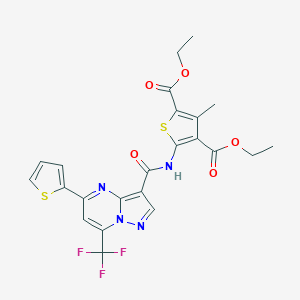 molecular formula C23H19F3N4O5S2 B395452 Diethyl 3-methyl-5-({[5-(2-thienyl)-7-(trifluoromethyl)pyrazolo[1,5-a]pyrimidin-3-yl]carbonyl}amino)-2,4-thiophenedicarboxylate 