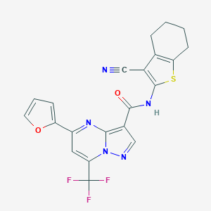 molecular formula C21H14F3N5O2S B395460 N-(3-cyano-4,5,6,7-tetrahydro-1-benzothiophen-2-yl)-5-(furan-2-yl)-7-(trifluoromethyl)pyrazolo[1,5-a]pyrimidine-3-carboxamide 