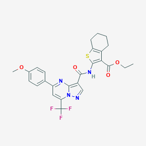 molecular formula C26H23F3N4O4S B395473 Ethyl 2-({[5-(4-methoxyphenyl)-7-(trifluoromethyl)pyrazolo[1,5-a]pyrimidin-3-yl]carbonyl}amino)-4,5,6,7-tetrahydro-1-benzothiophene-3-carboxylate 