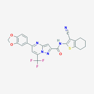 molecular formula C24H16F3N5O3S B395476 5-(1,3-benzodioxol-5-yl)-N-(3-cyano-4,5,6,7-tetrahydro-1-benzothien-2-yl)-7-(trifluoromethyl)pyrazolo[1,5-a]pyrimidine-2-carboxamide 