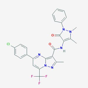 molecular formula C26H20ClF3N6O2 B395488 5-(4-chlorophenyl)-N-(1,5-dimethyl-3-oxo-2-phenyl-2,3-dihydro-1H-pyrazol-4-yl)-2-methyl-7-(trifluoromethyl)pyrazolo[1,5-a]pyrimidine-3-carboxamide 