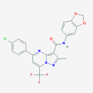 molecular formula C22H14ClF3N4O3 B395494 N-(1,3-benzodioxol-5-yl)-5-(4-chlorophenyl)-2-methyl-7-(trifluoromethyl)pyrazolo[1,5-a]pyrimidine-3-carboxamide 