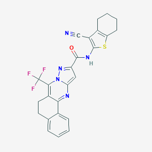 molecular formula C25H18F3N5OS B395506 N-(3-cyano-4,5,6,7-tetrahydro-1-benzothiophen-2-yl)-7-(trifluoromethyl)-5,6-dihydrobenzo[h]pyrazolo[5,1-b]quinazoline-10-carboxamide 