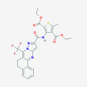 molecular formula C27H23F3N4O5S B395507 Diethyl 5-methyl-3-({[7-(trifluoromethyl)-5,6-dihydrobenzo[h]pyrazolo[5,1-b]quinazolin-10-yl]carbonyl}amino)-2,4-thiophenedicarboxylate 