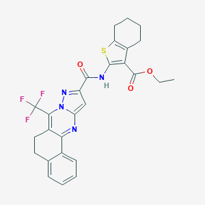 molecular formula C27H23F3N4O3S B395509 Ethyl 2-({[7-(trifluoromethyl)-5,6-dihydrobenzo[h]pyrazolo[5,1-b]quinazolin-10-yl]carbonyl}amino)-4,5,6,7-tetrahydro-1-benzothiophene-3-carboxylate 