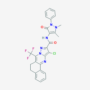 molecular formula C27H20ClF3N6O2 B395532 11-chloro-N-(1,5-dimethyl-3-oxo-2-phenyl-2,3-dihydro-1H-pyrazol-4-yl)-7-(trifluoromethyl)-5,6-dihydrobenzo[h]pyrazolo[5,1-b]quinazoline-10-carboxamide CAS No. 6071-76-7