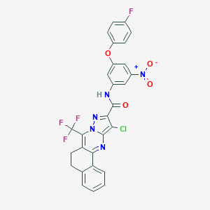 molecular formula C28H16ClF4N5O4 B395535 11-chloro-N-[3-(4-fluorophenoxy)-5-nitrophenyl]-7-(trifluoromethyl)-5,6-dihydrobenzo[h]pyrazolo[5,1-b]quinazoline-10-carboxamide 