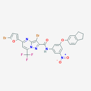 molecular formula C27H16Br2F3N5O5 B395539 3-bromo-5-(5-bromo-2-furyl)-N-[3-(2,3-dihydro-1H-inden-5-yloxy)-5-nitrophenyl]-7-(trifluoromethyl)pyrazolo[1,5-a]pyrimidine-2-carboxamide 
