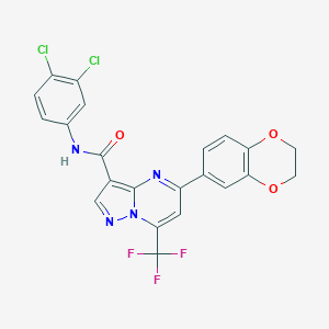 molecular formula C22H13Cl2F3N4O3 B395542 N-(3,4-dichlorophenyl)-5-(2,3-dihydro-1,4-benzodioxin-6-yl)-7-(trifluoromethyl)pyrazolo[1,5-a]pyrimidine-3-carboxamide 