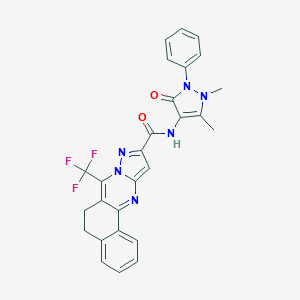 molecular formula C27H21F3N6O2 B395557 N-(1,5-dimethyl-3-oxo-2-phenyl-2,3-dihydro-1H-pyrazol-4-yl)-7-(trifluoromethyl)-5,6-dihydrobenzo[h]pyrazolo[5,1-b]quinazoline-10-carboxamide 