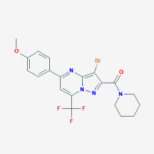 molecular formula C20H18BrF3N4O2 B395635 4-[3-Bromo-2-(1-piperidinylcarbonyl)-7-(trifluoromethyl)pyrazolo[1,5-a]pyrimidin-5-yl]phenyl methyl ether 