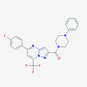 molecular formula C24H19F4N5O B395653 5-(4-Fluorophenyl)-2-[(4-phenyl-1-piperazinyl)carbonyl]-7-(trifluoromethyl)pyrazolo[1,5-a]pyrimidine 