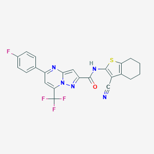 molecular formula C23H15F4N5OS B395654 N-(3-cyano-4,5,6,7-tetrahydro-1-benzothien-2-yl)-5-(4-fluorophenyl)-7-(trifluoromethyl)pyrazolo[1,5-a]pyrimidine-2-carboxamide 