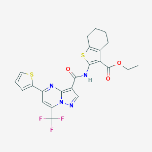 molecular formula C23H19F3N4O3S2 B395660 Ethyl 2-({[5-(2-thienyl)-7-(trifluoromethyl)pyrazolo[1,5-a]pyrimidin-3-yl]carbonyl}amino)-4,5,6,7-tetrahydro-1-benzothiophene-3-carboxylate 