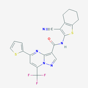 molecular formula C21H14F3N5OS2 B395662 N-(3-cyano-4,5,6,7-tetrahydro-1-benzothien-2-yl)-5-(2-thienyl)-7-(trifluoromethyl)pyrazolo[1,5-a]pyrimidine-3-carboxamide 