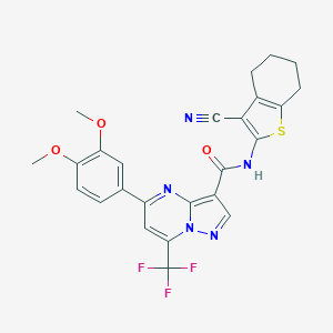 molecular formula C25H20F3N5O3S B395668 N-(3-cyano-4,5,6,7-tetrahydro-1-benzothiophen-2-yl)-5-(3,4-dimethoxyphenyl)-7-(trifluoromethyl)pyrazolo[1,5-a]pyrimidine-3-carboxamide 