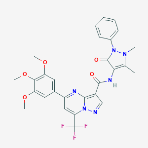 molecular formula C28H25F3N6O5 B395675 N-(1,5-dimethyl-3-oxo-2-phenyl-2,3-dihydro-1H-pyrazol-4-yl)-7-(trifluoromethyl)-5-(3,4,5-trimethoxyphenyl)pyrazolo[1,5-a]pyrimidine-3-carboxamide 