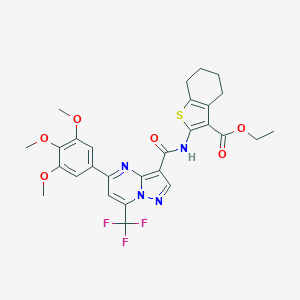 molecular formula C28H27F3N4O6S B395676 Ethyl 2-({[7-(trifluoromethyl)-5-(3,4,5-trimethoxyphenyl)pyrazolo[1,5-a]pyrimidin-3-yl]carbonyl}amino)-4,5,6,7-tetrahydro-1-benzothiophene-3-carboxylate 