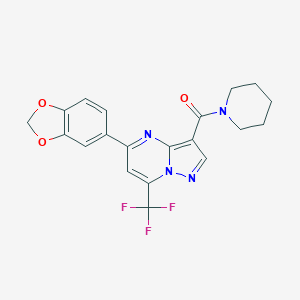 molecular formula C20H17F3N4O3 B395681 (5-Benzo[1,3]dioxol-5-yl-7-trifluoromethyl-pyrazolo[1,5-a]pyrimidin-3-yl)-piperidin-1-yl-methanone 