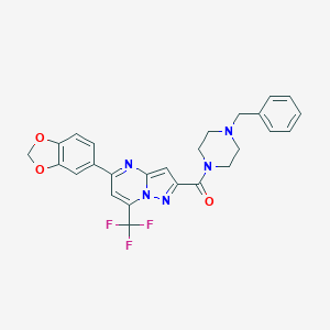 molecular formula C26H22F3N5O3 B395689 5-(1,3-Benzodioxol-5-yl)-2-[(4-benzyl-1-piperazinyl)carbonyl]-7-(trifluoromethyl)pyrazolo[1,5-a]pyrimidine 