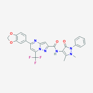 molecular formula C26H19F3N6O4 B395690 5-(1,3-benzodioxol-5-yl)-N-(1,5-dimethyl-3-oxo-2-phenyl-2,3-dihydro-1H-pyrazol-4-yl)-7-(trifluoromethyl)pyrazolo[1,5-a]pyrimidine-2-carboxamide 