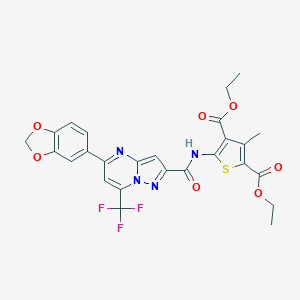 molecular formula C26H21F3N4O7S B395692 Diethyl 5-({[5-(1,3-benzodioxol-5-yl)-7-(trifluoromethyl)pyrazolo[1,5-a]pyrimidin-2-yl]carbonyl}amino)-3-methyl-2,4-thiophenedicarboxylate 