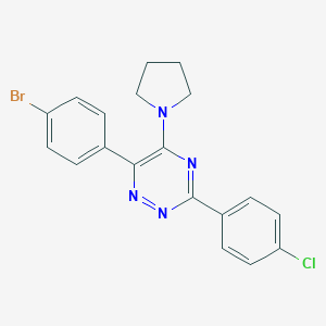 molecular formula C19H16BrClN4 B395790 6-(4-Bromophenyl)-3-(4-chlorophenyl)-5-(1-pyrrolidinyl)-1,2,4-triazine 