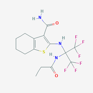molecular formula C15H17F6N3O2S B395850 2-{[2,2,2-Trifluoro-1-(propionylamino)-1-(trifluoromethyl)ethyl]amino}-4,5,6,7-tetrahydro-1-benzothiophene-3-carboxamide 