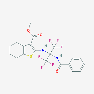 molecular formula C20H18F6N2O3S B395851 Methyl 2-{[1-(benzoylamino)-2,2,2-trifluoro-1-(trifluoromethyl)ethyl]amino}-4,5,6,7-tetrahydro-1-benzothiophene-3-carboxylate 