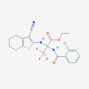 molecular formula C21H19ClF3N3O3S B395852 Ethyl 2-[(2-chlorobenzoyl)amino]-2-[(3-cyano-4,5,6,7-tetrahydro-1-benzothiophen-2-yl)amino]-3,3,3-trifluoropropanoate 