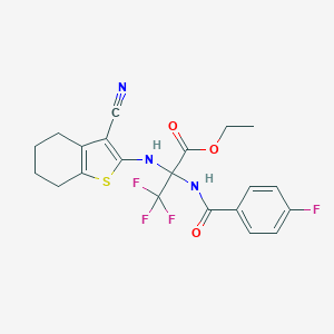molecular formula C21H19F4N3O3S B395855 Ethyl 2-[(3-cyano-4,5,6,7-tetrahydro-1-benzothiophen-2-yl)amino]-3,3,3-trifluoro-2-[(4-fluorobenzoyl)amino]propanoate 