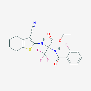 molecular formula C21H19F4N3O3S B395858 Ethyl 2-[(3-cyano-4,5,6,7-tetrahydro-1-benzothiophen-2-yl)amino]-3,3,3-trifluoro-2-[(2-fluorobenzoyl)amino]propanoate 