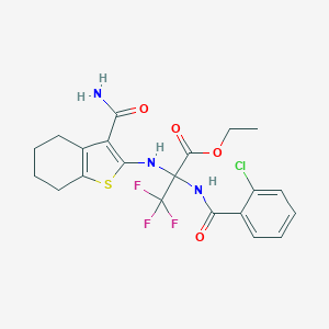 molecular formula C21H21ClF3N3O4S B395861 Ethyl 2-[(3-carbamoyl-4,5,6,7-tetrahydro-1-benzothiophen-2-yl)amino]-2-[(2-chlorobenzoyl)amino]-3,3,3-trifluoropropanoate CAS No. 298683-75-7