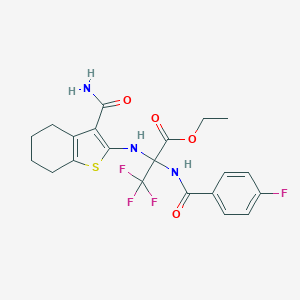 molecular formula C21H21F4N3O4S B395862 Ethyl 2-[(3-carbamoyl-4,5,6,7-tetrahydro-1-benzothiophen-2-yl)amino]-3,3,3-trifluoro-2-[(4-fluorobenzoyl)amino]propanoate CAS No. 298683-76-8