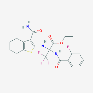 molecular formula C21H21F4N3O4S B395865 Ethyl 2-[(3-carbamoyl-4,5,6,7-tetrahydro-1-benzothiophen-2-yl)amino]-3,3,3-trifluoro-2-[(2-fluorobenzoyl)amino]propanoate CAS No. 298683-77-9