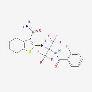 molecular formula C19H16F7N3O2S B395867 2-{[2,2,2-Trifluoro-1-[(2-fluorobenzoyl)amino]-1-(trifluoromethyl)ethyl]amino}-4,5,6,7-tetrahydro-1-benzothiophene-3-carboxamide CAS No. 352317-01-2