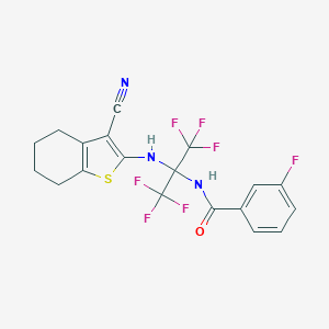 molecular formula C19H14F7N3OS B395874 N-[2-[(3-cyano-4,5,6,7-tetrahydro-1-benzothiophen-2-yl)amino]-1,1,1,3,3,3-hexafluoropropan-2-yl]-3-fluorobenzamide CAS No. 352317-07-8