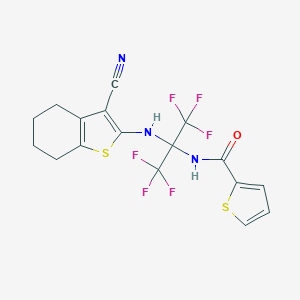 molecular formula C17H13F6N3OS2 B395876 N-[2-[(3-cyano-4,5,6,7-tetrahydro-1-benzothiophen-2-yl)amino]-1,1,1,3,3,3-hexafluoropropan-2-yl]thiophene-2-carboxamide CAS No. 309731-56-4